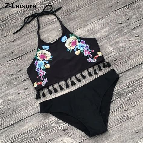 Brazilian Bikini Set Black Tassel Bathing Suit Halter High Neck Bikinis Women Swimwear Swimsuit