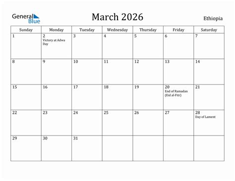 March 2026 Monthly Calendar With Ethiopia Holidays