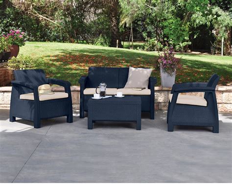 Keter Corfu Garden Furniture Set 2 Armchairs Sofa And Table With