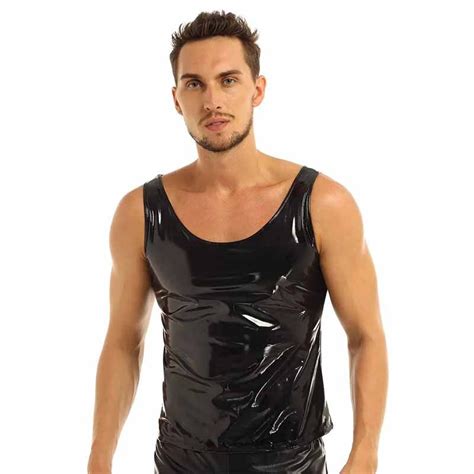 sexy wet look glossy pvc leather tank vest sex gay men fetishwear undershirts clubwear no