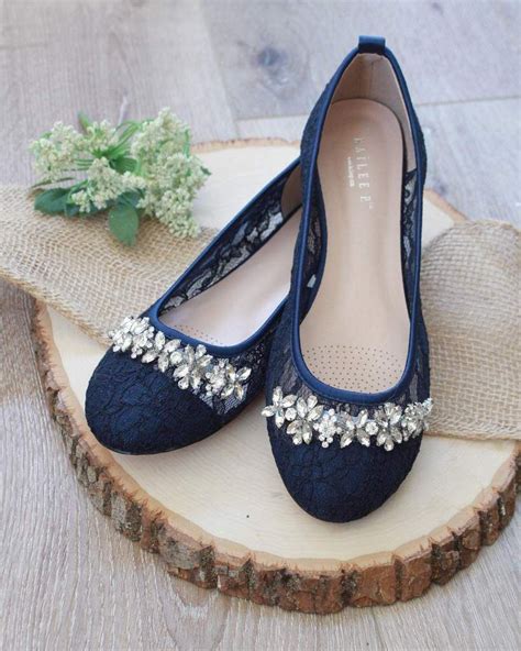 Navy New Lace Round Toe Flats With Floral Rhinestones Embellishments