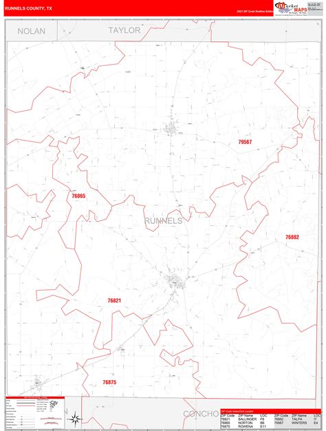 Runnels County Tx Zip Code Wall Map Red Line Style By Marketmaps