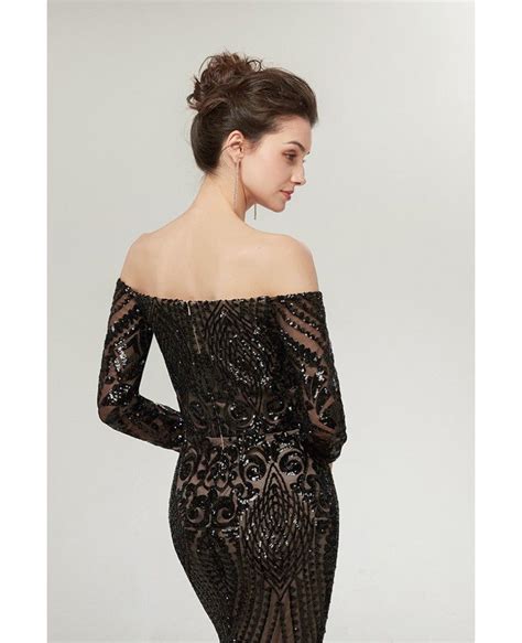 Sexy Black Long Sequin Tight Prom Dress Off The Shoulder Sleeves C0015