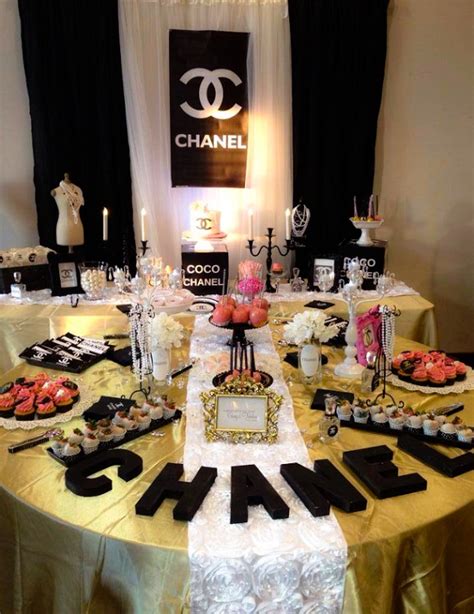 Other decorating ideas that go splendidly with the theme are old framed photos of coco chanel fashion throughout the years and baby pink rose floral arrangements in glossy black vases. Pin on Chanel Party Ideas