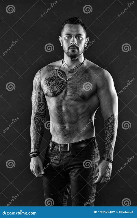 Man Brutal Unshaven Hispanic Appearance Tattooed Arms Bearded Man Show Tattooed Torso Stock