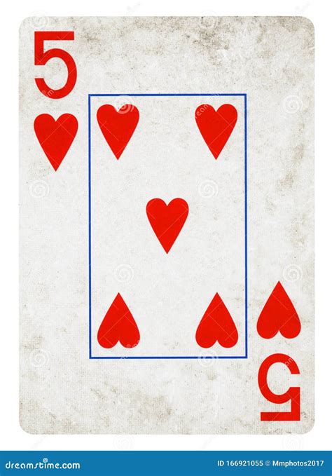 Five Of Hearts Vintage Playing Card Isolated On White Stock Image