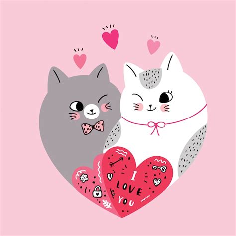 Premium Vector Cartoon Cute Valentines Day Couple Cats In Shape Heart