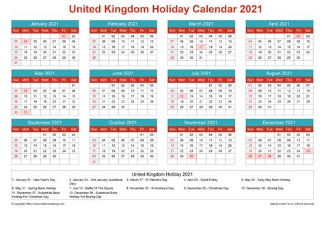 United Kingdom Holiday Calendar Horizintal Grid Sunday To Saturday