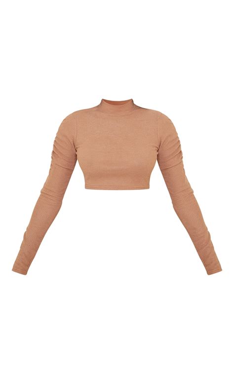 Camel Soft Brushed Rib High Neck Ruched Long Sleeve Crop Top