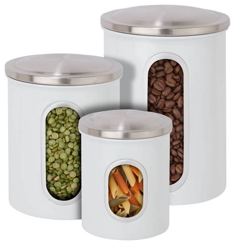 Metal Storage Canisters White Set Of 3 Modern Kitchen Canisters
