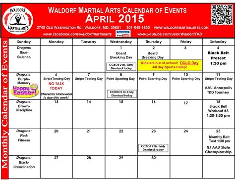 Waldorf Martial Arts April 2015 Calendar Of Events Waldorf Martial Arts