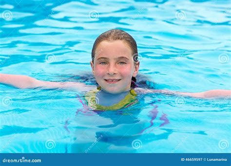 Blond Girl Swimming In The Pool With Red Cheeks Stock Image Image Of