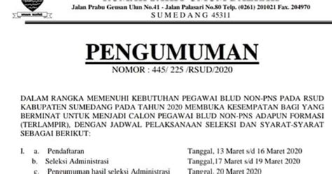 Rumah sakit umum milik pemerintah daerah kabupaten sumedang yang berlokasi di jalan palasari kelurahan kota kulon kecamatan sumedang selatan. Loker RSUD Sumedang Pegawai BLUD Non PNS - Loker Karir