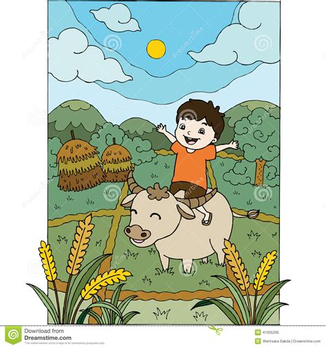 A Boy Riding A Buffalo In The Field Stock Vector
