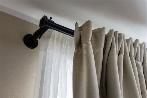 Double Layer Curtains On Black Rod In Living Room Stock Photo Image
