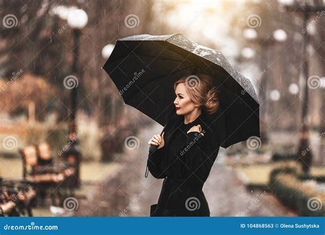 Woman With Umbrella In The Rain Stock Image Image Of Pensive Human