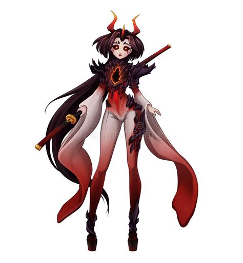 Pretty Demon Girl With Long Black Hair Red Horns And Black Katana