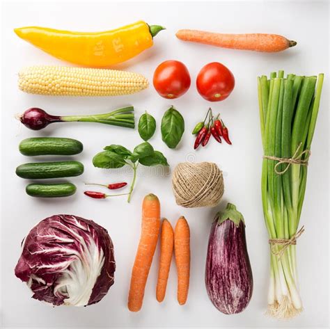 Different Tasty Fresh Vegetables On White Backrgound Top View Stock