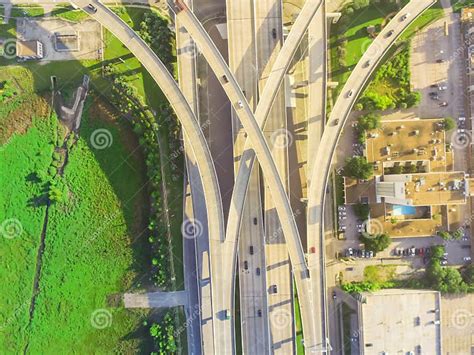 Top View Stack Interchange Expressway And Houston Skyline Background