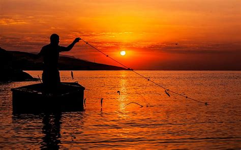 Fisherman At Sunset Water Landscape Fisherman Sunset Hd Wallpaper