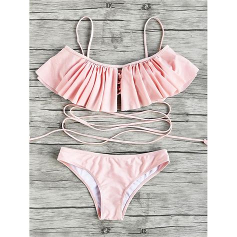 Flounce Detail Strappy Bikini Set Pink With Images Strappy Bikini