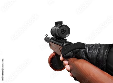 Hand Holding Automatic Gun Isolated First Person View Hand Holding