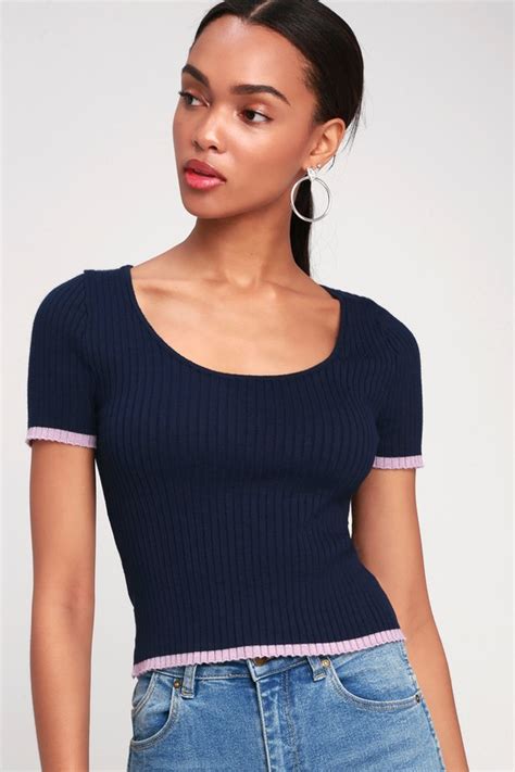 Cute Navy Blue Top Ribbed Knit Crop Top Short Sleeve Top Lulus