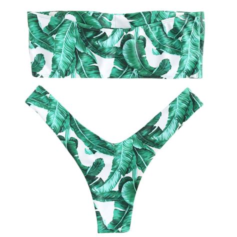Zaful Hot Sale 2019 Leaf Print Bandeau Bikini Strapless High Leg Bikini
