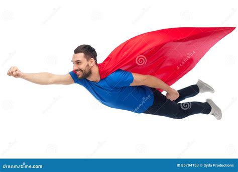 Happy Man In Red Superhero Cape Flying On Air Stock Image Image Of