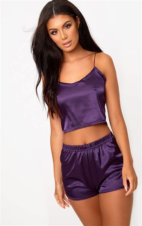 Purple Satin Pajama Shorts Set Shorts Prettylittlething Usa
