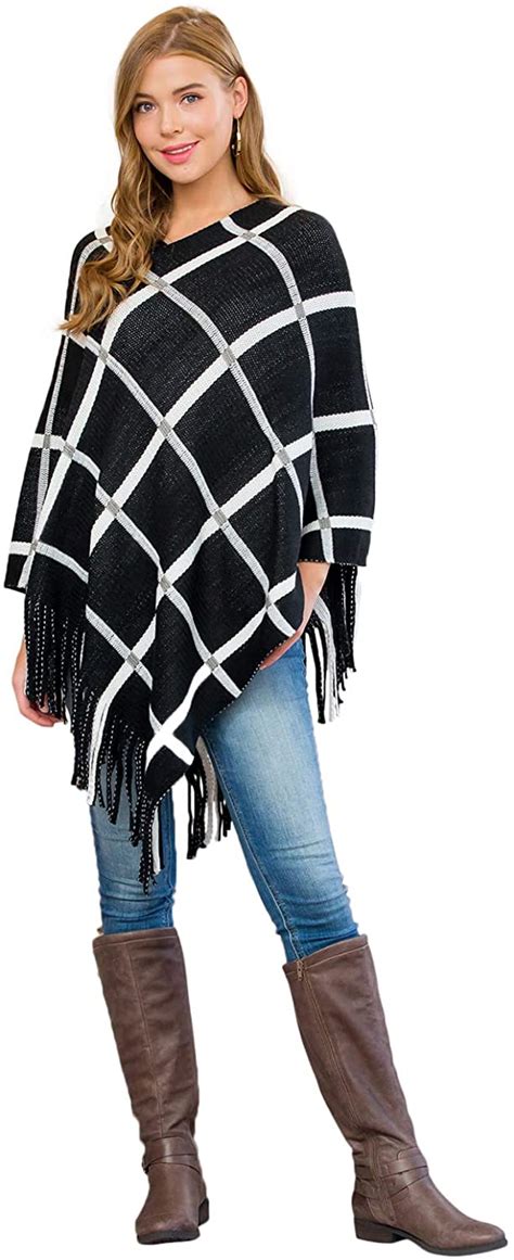 Knit Poncho Fringe Tassel Shawl Wrap Warm Sweater Pullover Top Stripe