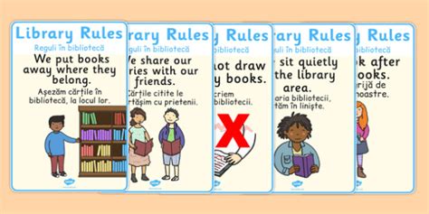 Library Rules Display Posters Illustrations Romanian Translation
