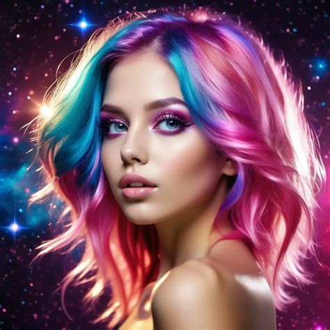 Radiant Galaxycolored Woman With Multicolored Hair And Pink Eyes Muse Ai