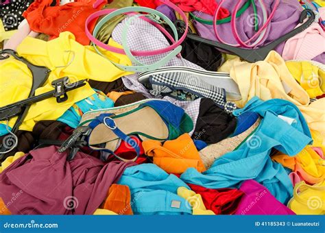 Close Up On A Big Pile Of Clothes And Accessories Thrown On The Ground Stock Image Image Of