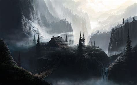 Find images of dark art. Dark houses fantasy at waterfalls Wallpapers HD / Desktop and Mobile Backgrounds