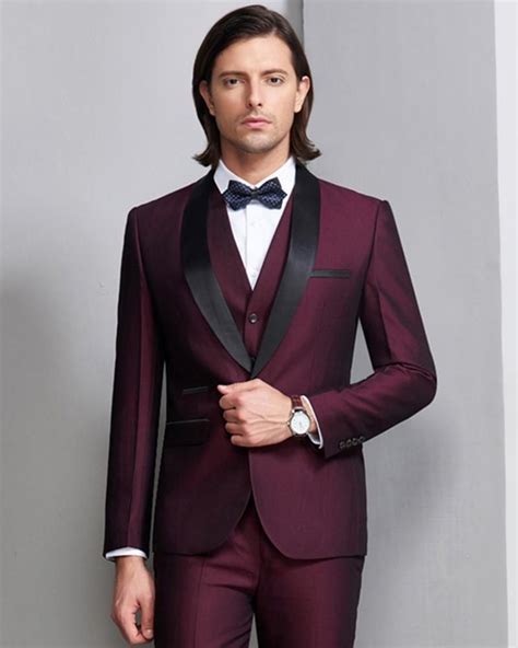 high quality wine shawl lapel prom men tuxedo groom mens suits 3 pieces jacket pants vest