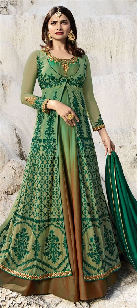 1542370 Bollywood Green Color Net Silk Fabric Salwar Kameez