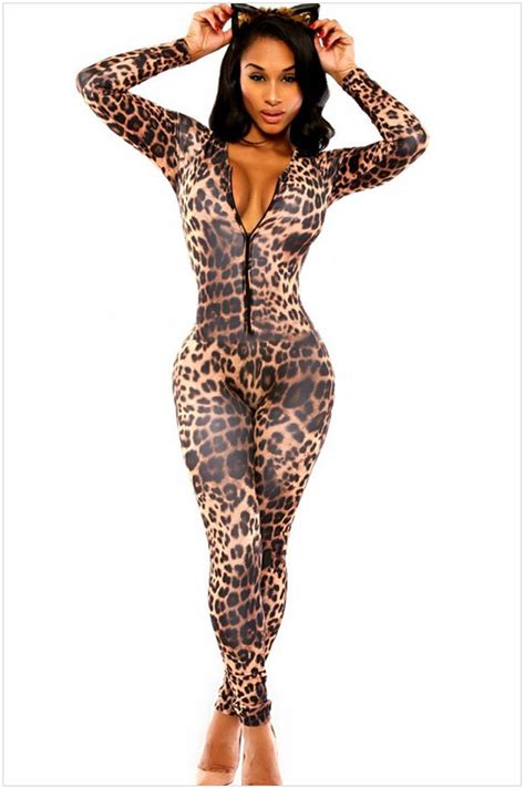 Wild Sexy Women Leopard Print Bodysuit Wetlook Deep V Neck Bodycon Jumpsuit Long Sleeve Rompers