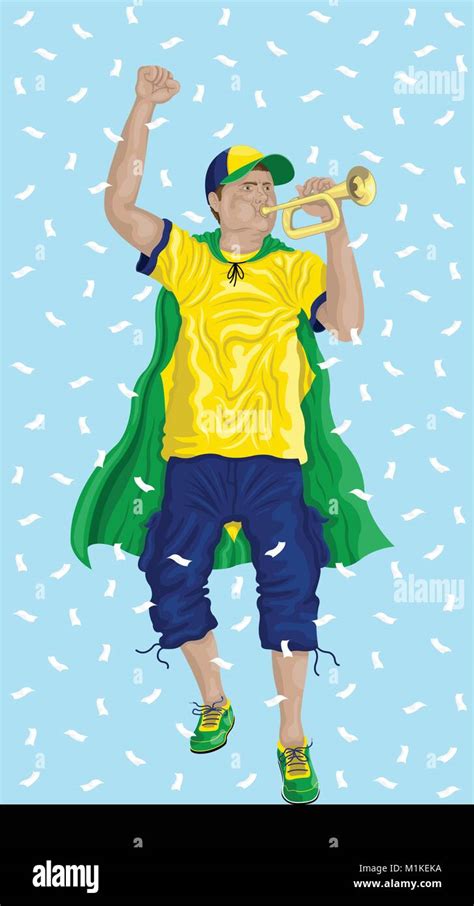 Brazil Soccer Fan With Bugle Brazilian Supporter Confetti Papers And