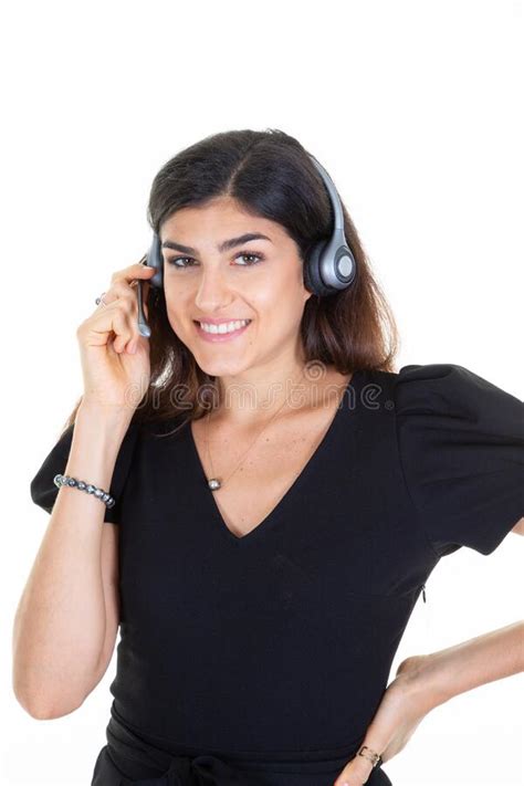 Callcenter Woman Brunette Smiling Customer Support Phone Operator In Headset Call Center Stock