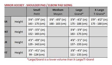 shoulder pad size chart