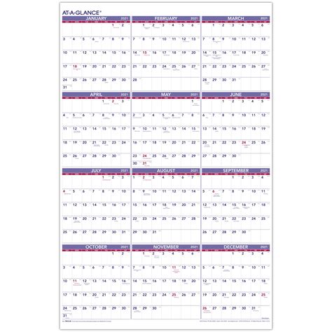 At A Glance Yearly Wall Calendar 12 Months 24 X 36 January 2021 To