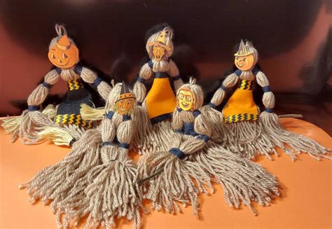 Yarn Halloween Witch Doll On Broom Handmade Ornament Etsy