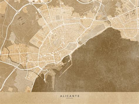 Map of Map of Alicante downtown Spain in sepia vintage style ǀ Maps