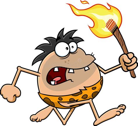 Scared Caveman Cartoon Character Running With A Torch Stock Vector