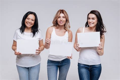 Gorgeous Positive Ladies Holding The Signs Stock Image Image Of Gender Nationality 87846693