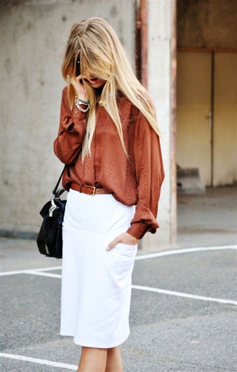 Tucked In Belted Pencil Skirt With Blousy Topwhite Skirt For Fall