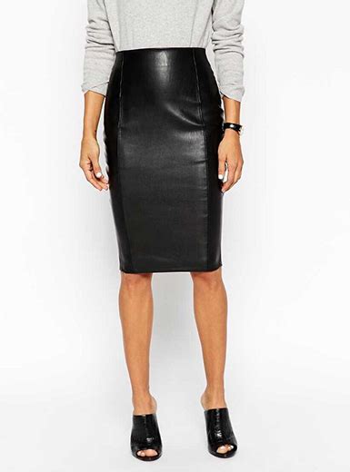 Leather Look Pencil Skirt Black 2 Lines Down Front