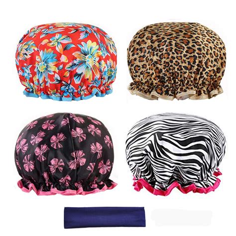 Shower Cap For Women 4 Pack Bath Caps Waterproof Double Layer Print Shower Hat For Women All
