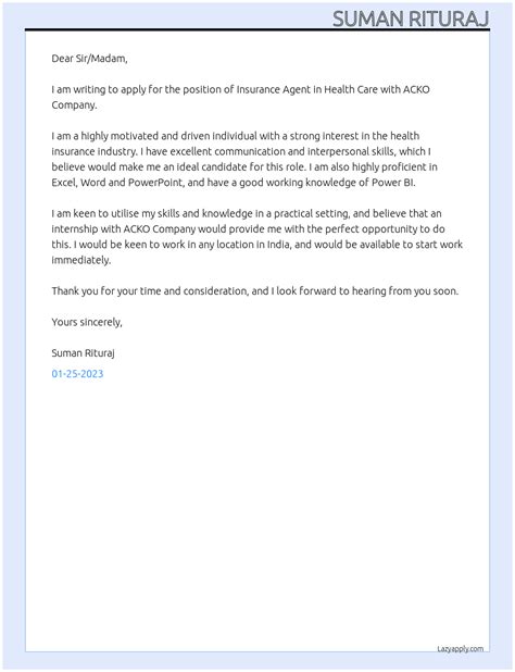 Cover Letter For Insurance Agents In Health Care Lazyapply